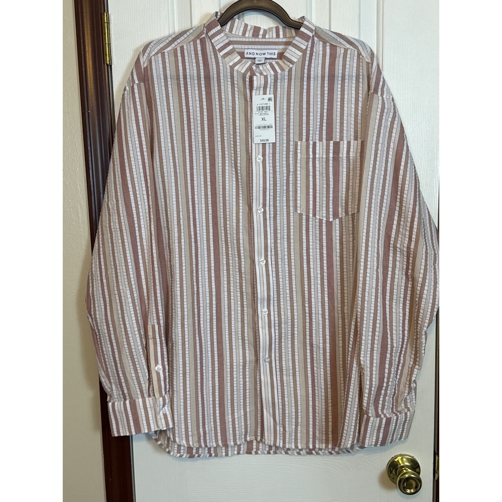 AND NOW THIS Striped Band Collar Shirt‎ Casual Button Up Open Brown XL